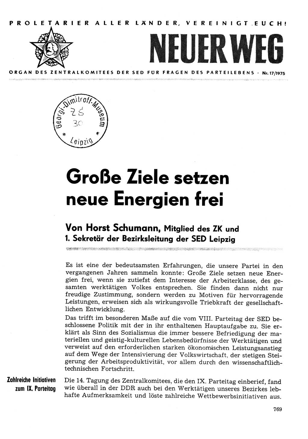 Neuer Weg (NW), Organ des Zentralkomitees (ZK) der SED (Sozialistische Einheitspartei Deutschlands) für Fragen des Parteilebens, 30. Jahrgang [Deutsche Demokratische Republik (DDR)] 1975, Seite 769 (NW ZK SED DDR 1975, S. 769)