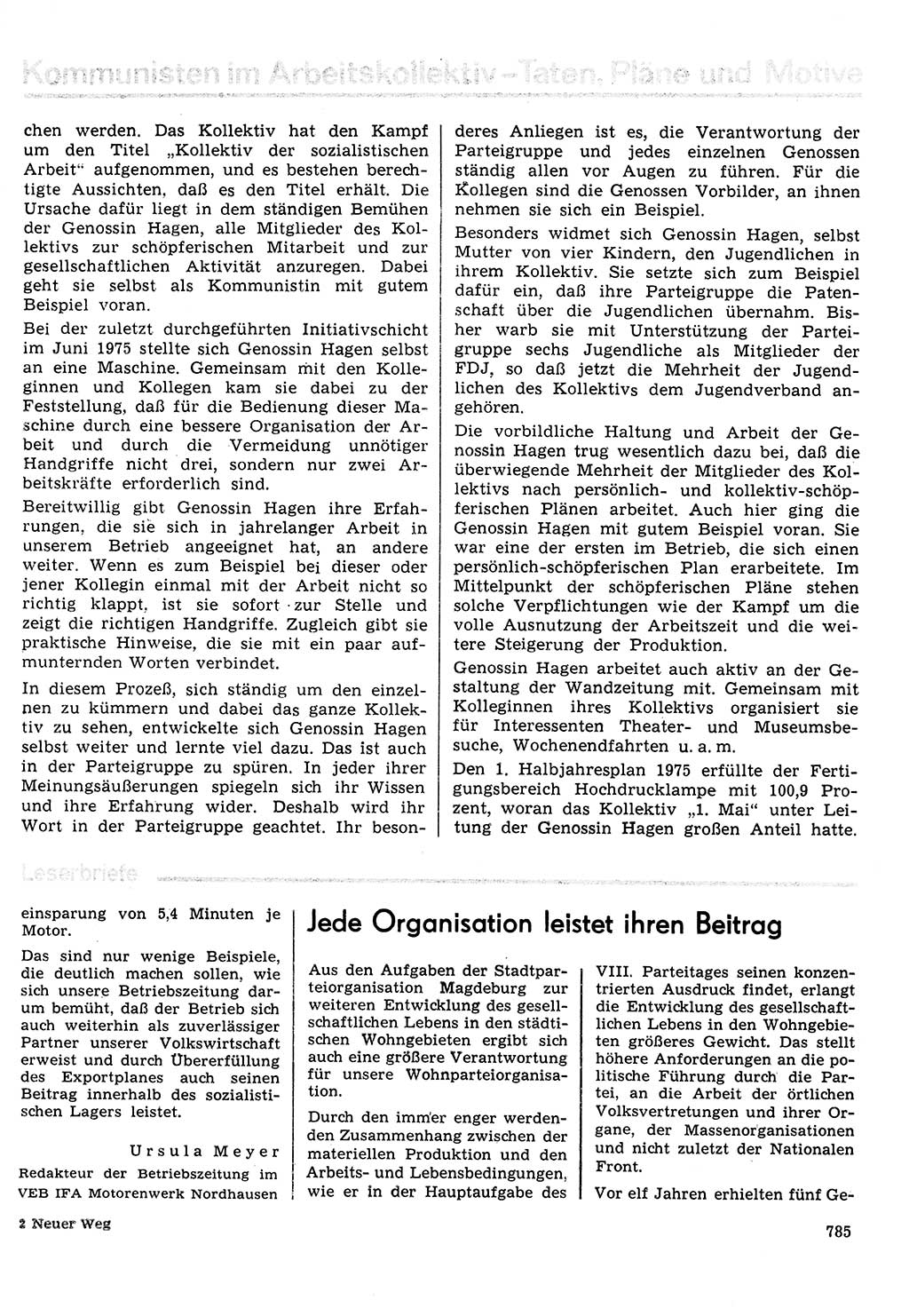 Neuer Weg (NW), Organ des Zentralkomitees (ZK) der SED (Sozialistische Einheitspartei Deutschlands) für Fragen des Parteilebens, 30. Jahrgang [Deutsche Demokratische Republik (DDR)] 1975, Seite 785 (NW ZK SED DDR 1975, S. 785)