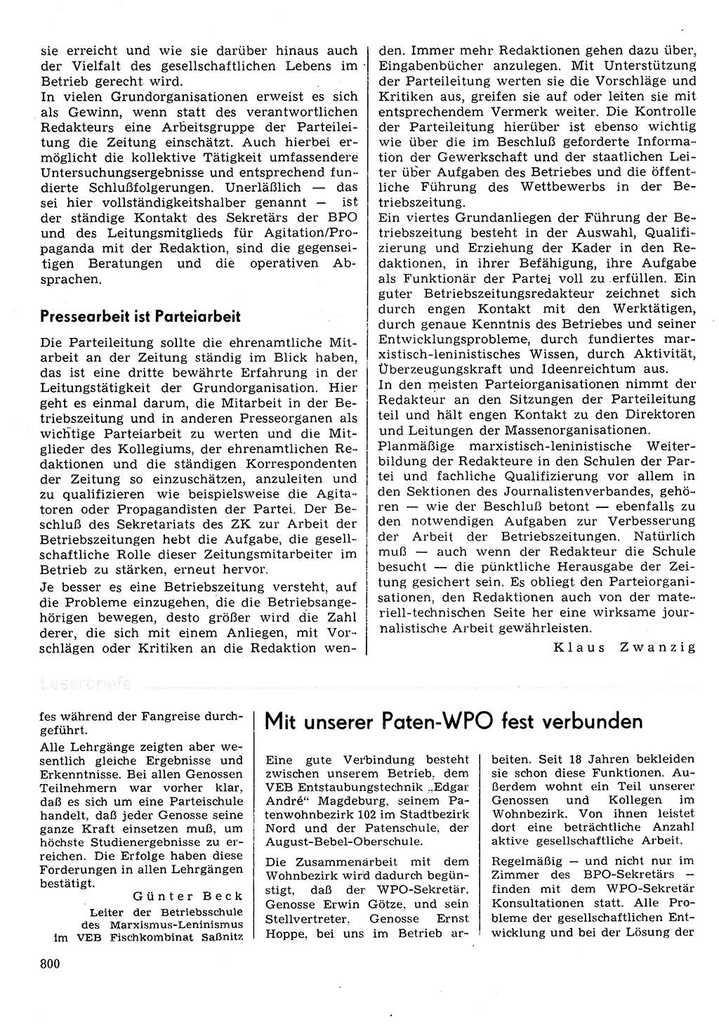 Neuer Weg (NW), Organ des Zentralkomitees (ZK) der SED (Sozialistische Einheitspartei Deutschlands) für Fragen des Parteilebens, 30. Jahrgang [Deutsche Demokratische Republik (DDR)] 1975, Seite 800 (NW ZK SED DDR 1975, S. 800)