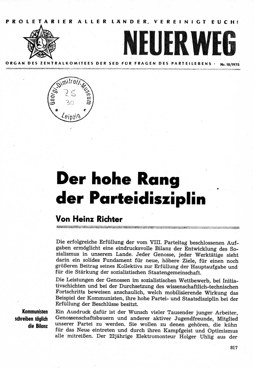 Neuer Weg (NW), Organ des Zentralkomitees (ZK) der SED (Sozialistische Einheitspartei Deutschlands) für Fragen des Parteilebens, 30. Jahrgang [Deutsche Demokratische Republik (DDR)] 1975, Seite 817 (NW ZK SED DDR 1975, S. 817)