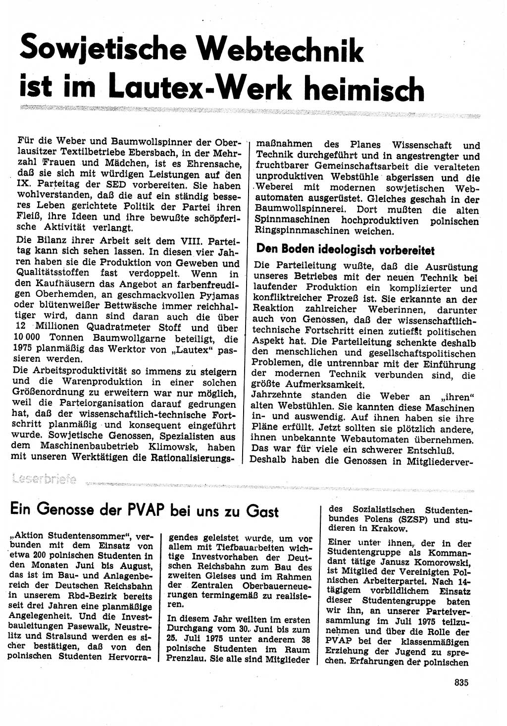 Neuer Weg (NW), Organ des Zentralkomitees (ZK) der SED (Sozialistische Einheitspartei Deutschlands) für Fragen des Parteilebens, 30. Jahrgang [Deutsche Demokratische Republik (DDR)] 1975, Seite 835 (NW ZK SED DDR 1975, S. 835)