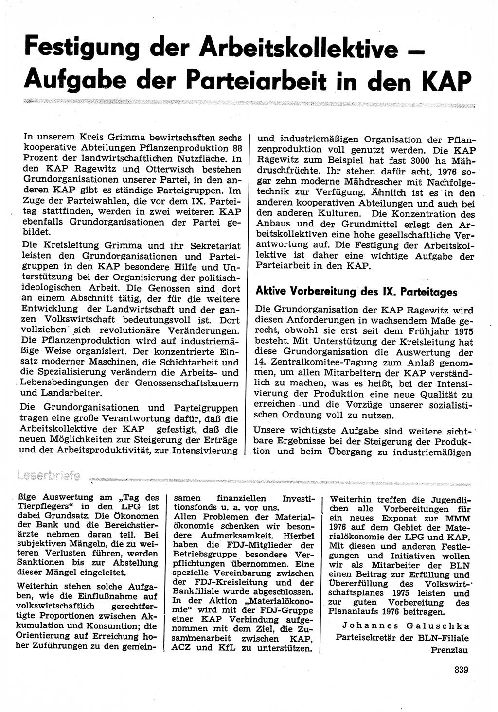 Neuer Weg (NW), Organ des Zentralkomitees (ZK) der SED (Sozialistische Einheitspartei Deutschlands) für Fragen des Parteilebens, 30. Jahrgang [Deutsche Demokratische Republik (DDR)] 1975, Seite 839 (NW ZK SED DDR 1975, S. 839)