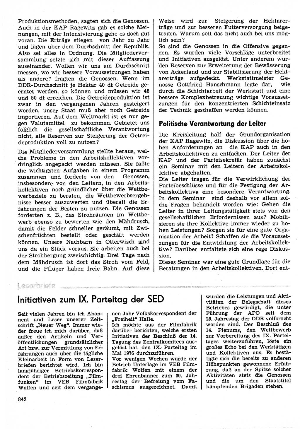 Neuer Weg (NW), Organ des Zentralkomitees (ZK) der SED (Sozialistische Einheitspartei Deutschlands) für Fragen des Parteilebens, 30. Jahrgang [Deutsche Demokratische Republik (DDR)] 1975, Seite 842 (NW ZK SED DDR 1975, S. 842)