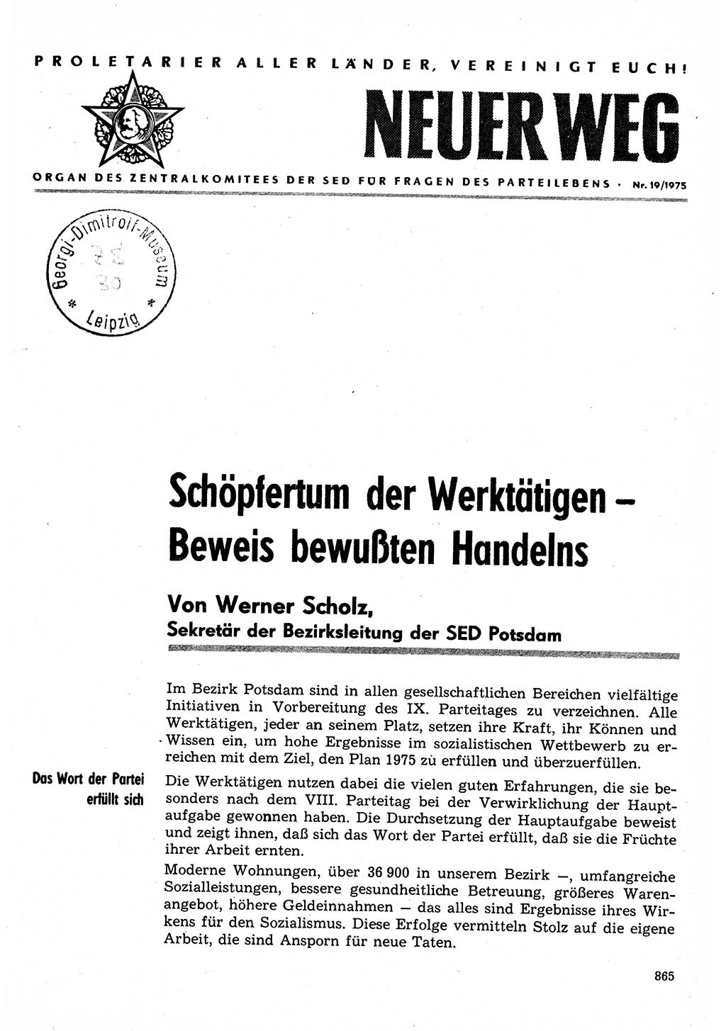 Neuer Weg (NW), Organ des Zentralkomitees (ZK) der SED (Sozialistische Einheitspartei Deutschlands) für Fragen des Parteilebens, 30. Jahrgang [Deutsche Demokratische Republik (DDR)] 1975, Seite 865 (NW ZK SED DDR 1975, S. 865)