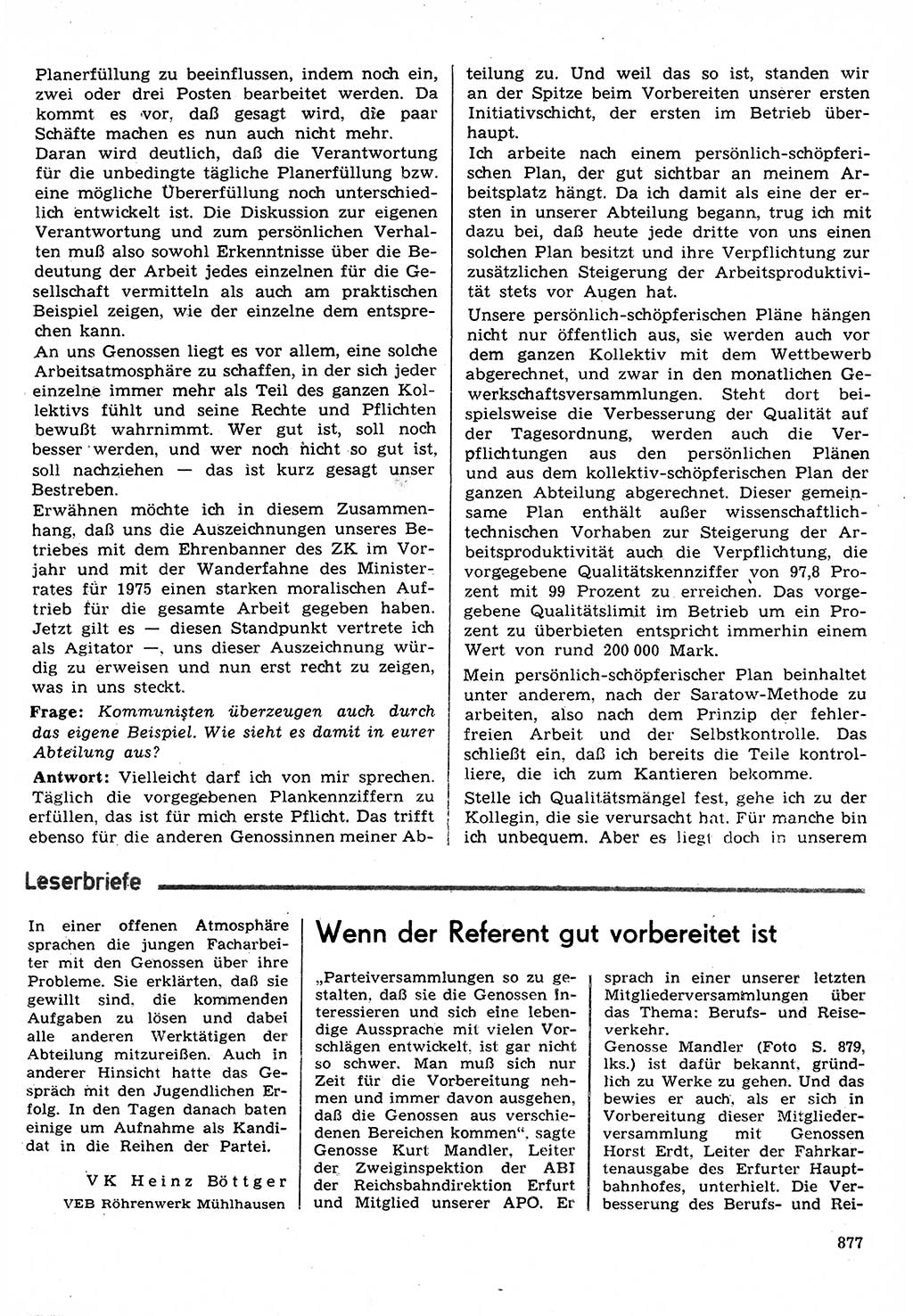Neuer Weg (NW), Organ des Zentralkomitees (ZK) der SED (Sozialistische Einheitspartei Deutschlands) für Fragen des Parteilebens, 30. Jahrgang [Deutsche Demokratische Republik (DDR)] 1975, Seite 877 (NW ZK SED DDR 1975, S. 877)