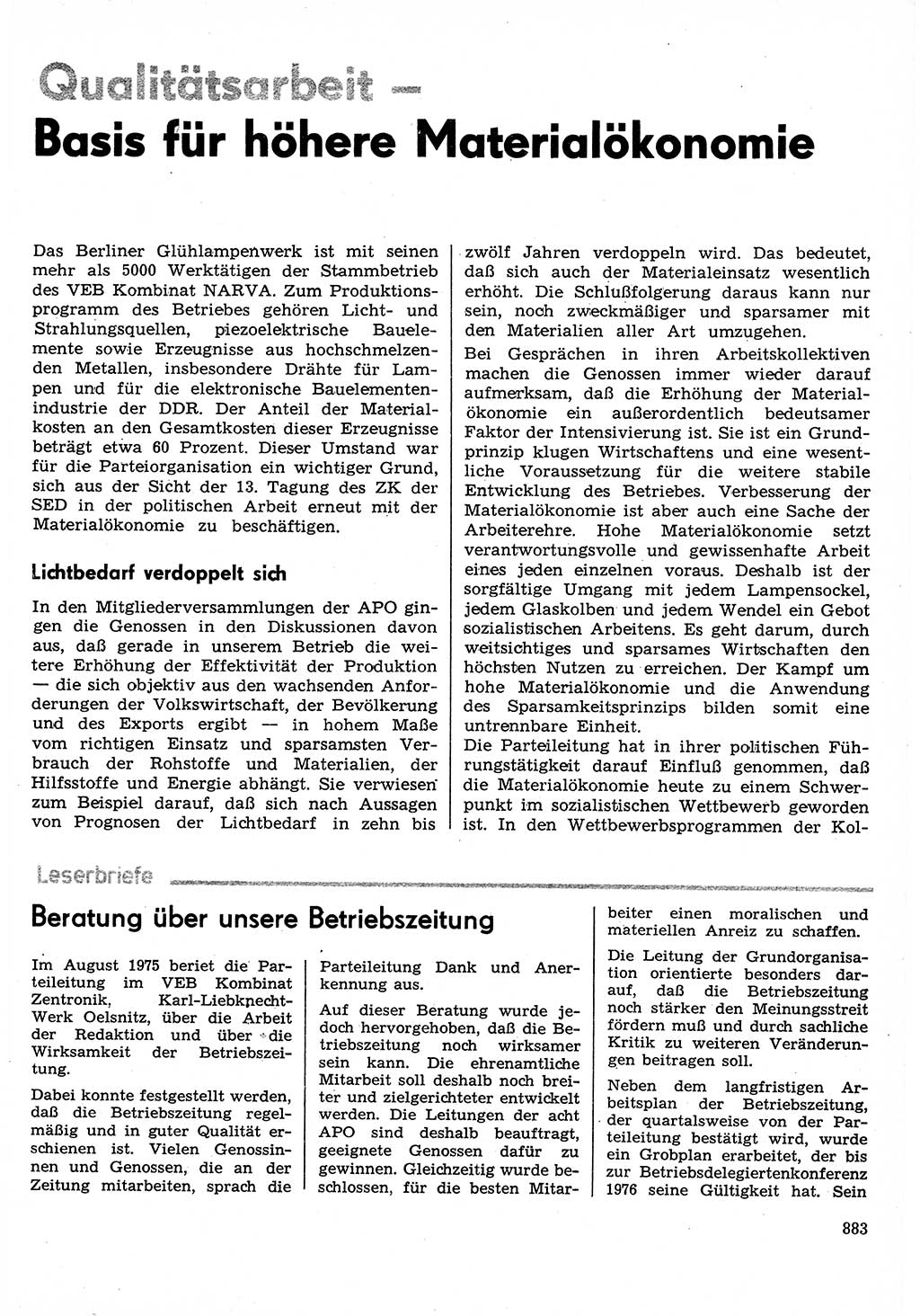 Neuer Weg (NW), Organ des Zentralkomitees (ZK) der SED (Sozialistische Einheitspartei Deutschlands) für Fragen des Parteilebens, 30. Jahrgang [Deutsche Demokratische Republik (DDR)] 1975, Seite 883 (NW ZK SED DDR 1975, S. 883)