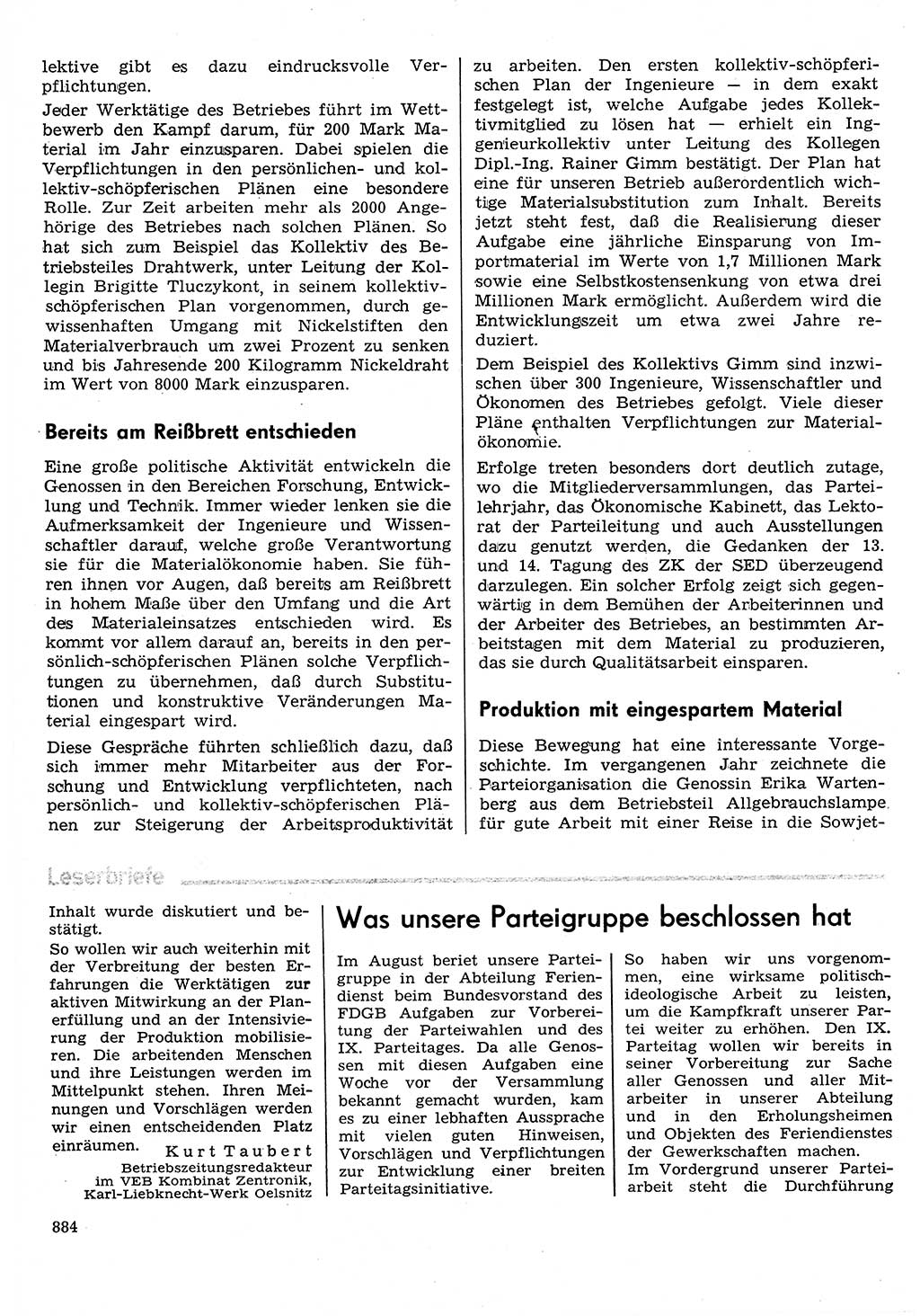 Neuer Weg (NW), Organ des Zentralkomitees (ZK) der SED (Sozialistische Einheitspartei Deutschlands) für Fragen des Parteilebens, 30. Jahrgang [Deutsche Demokratische Republik (DDR)] 1975, Seite 884 (NW ZK SED DDR 1975, S. 884)
