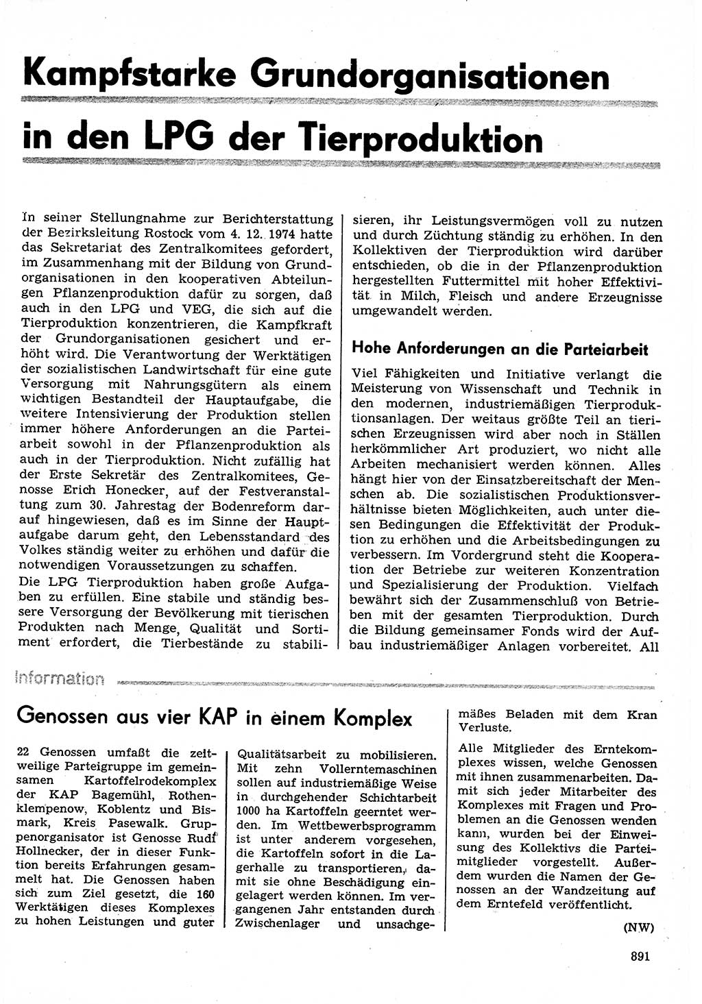 Neuer Weg (NW), Organ des Zentralkomitees (ZK) der SED (Sozialistische Einheitspartei Deutschlands) für Fragen des Parteilebens, 30. Jahrgang [Deutsche Demokratische Republik (DDR)] 1975, Seite 891 (NW ZK SED DDR 1975, S. 891)