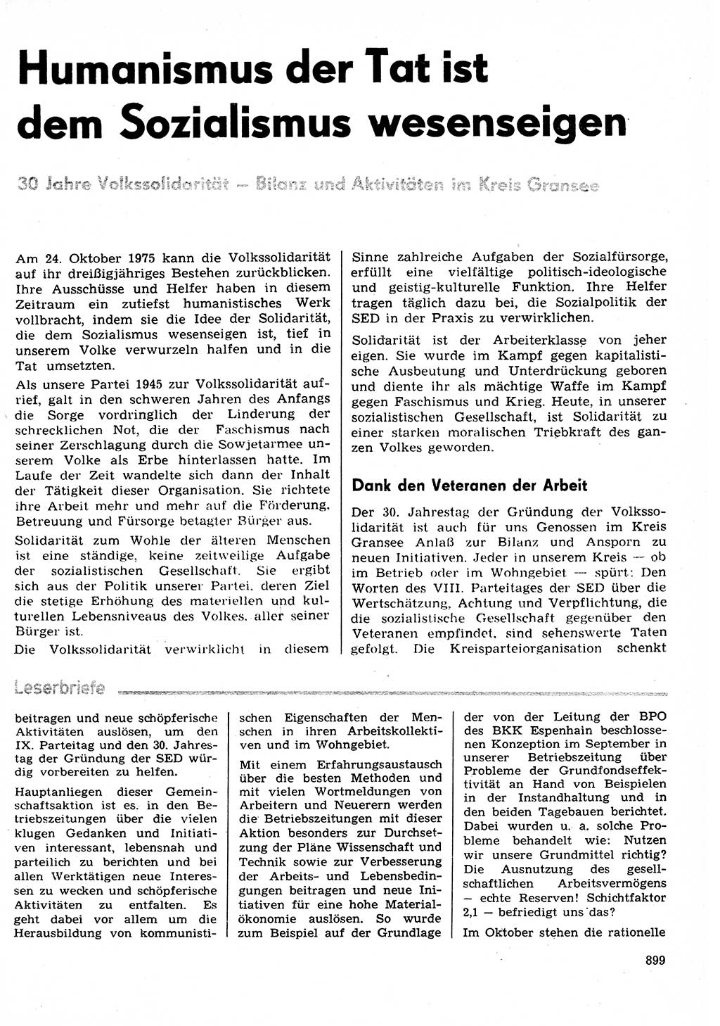 Neuer Weg (NW), Organ des Zentralkomitees (ZK) der SED (Sozialistische Einheitspartei Deutschlands) für Fragen des Parteilebens, 30. Jahrgang [Deutsche Demokratische Republik (DDR)] 1975, Seite 899 (NW ZK SED DDR 1975, S. 899)