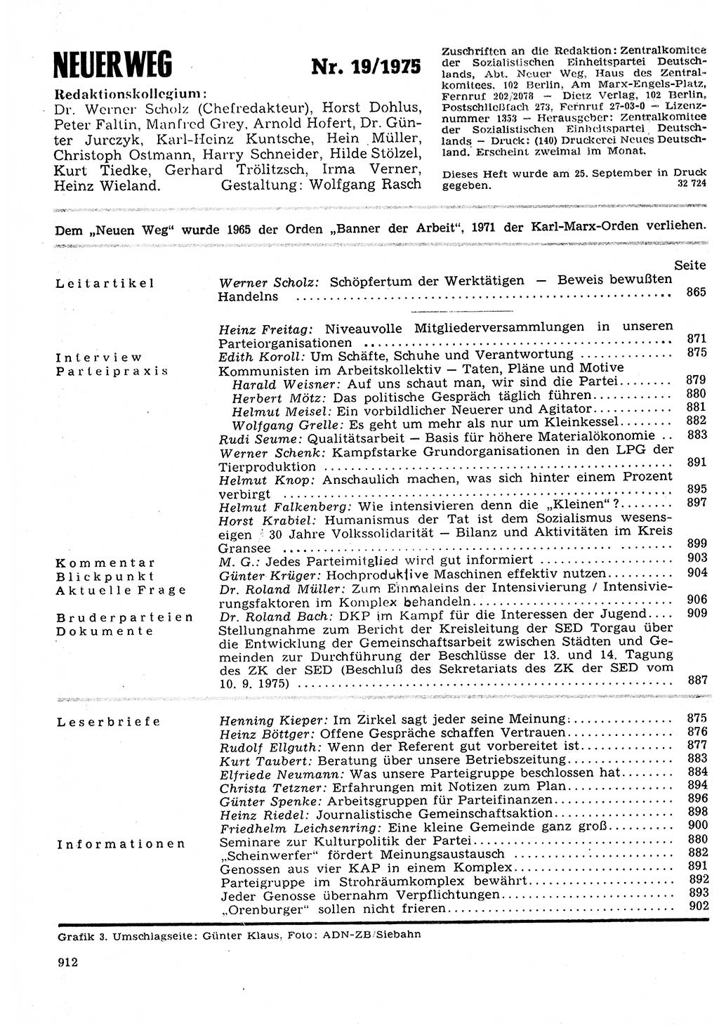 Neuer Weg (NW), Organ des Zentralkomitees (ZK) der SED (Sozialistische Einheitspartei Deutschlands) für Fragen des Parteilebens, 30. Jahrgang [Deutsche Demokratische Republik (DDR)] 1975, Seite 912 (NW ZK SED DDR 1975, S. 912)