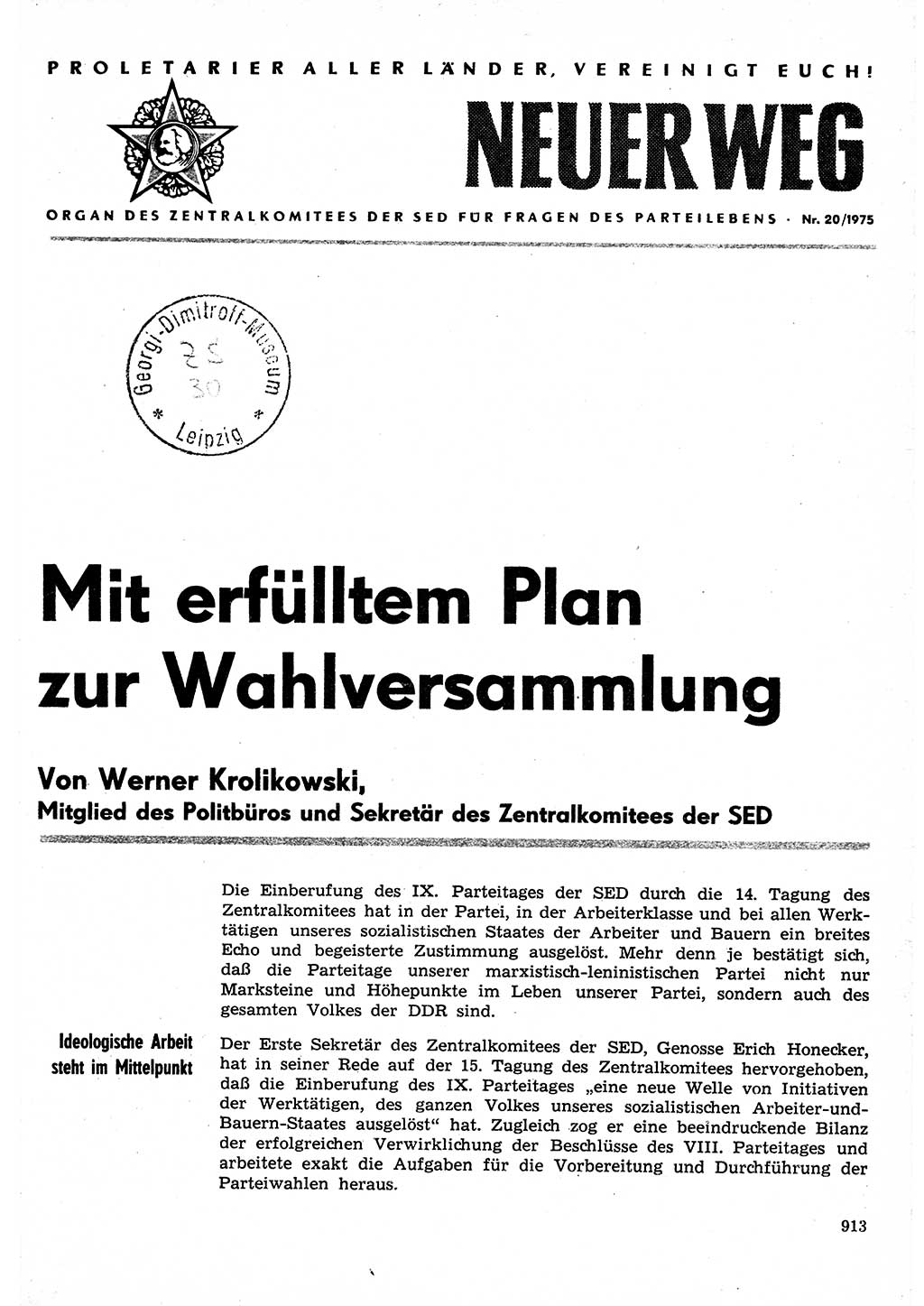 Neuer Weg (NW), Organ des Zentralkomitees (ZK) der SED (Sozialistische Einheitspartei Deutschlands) für Fragen des Parteilebens, 30. Jahrgang [Deutsche Demokratische Republik (DDR)] 1975, Seite 913 (NW ZK SED DDR 1975, S. 913)