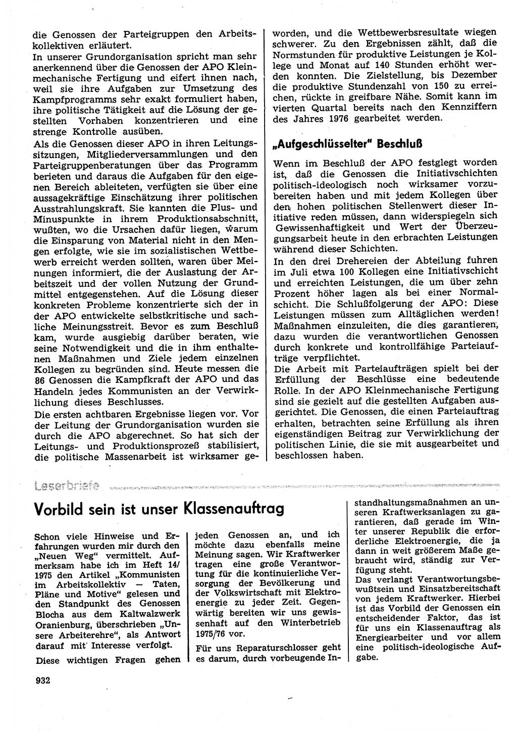 Neuer Weg (NW), Organ des Zentralkomitees (ZK) der SED (Sozialistische Einheitspartei Deutschlands) für Fragen des Parteilebens, 30. Jahrgang [Deutsche Demokratische Republik (DDR)] 1975, Seite 932 (NW ZK SED DDR 1975, S. 932)