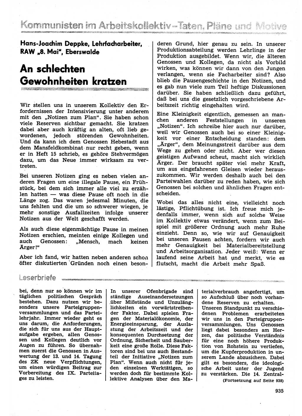 Neuer Weg (NW), Organ des Zentralkomitees (ZK) der SED (Sozialistische Einheitspartei Deutschlands) für Fragen des Parteilebens, 30. Jahrgang [Deutsche Demokratische Republik (DDR)] 1975, Seite 935 (NW ZK SED DDR 1975, S. 935)