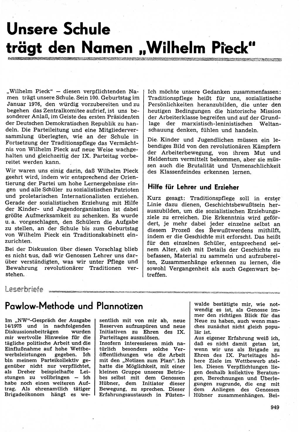 Neuer Weg (NW), Organ des Zentralkomitees (ZK) der SED (Sozialistische Einheitspartei Deutschlands) für Fragen des Parteilebens, 30. Jahrgang [Deutsche Demokratische Republik (DDR)] 1975, Seite 949 (NW ZK SED DDR 1975, S. 949)