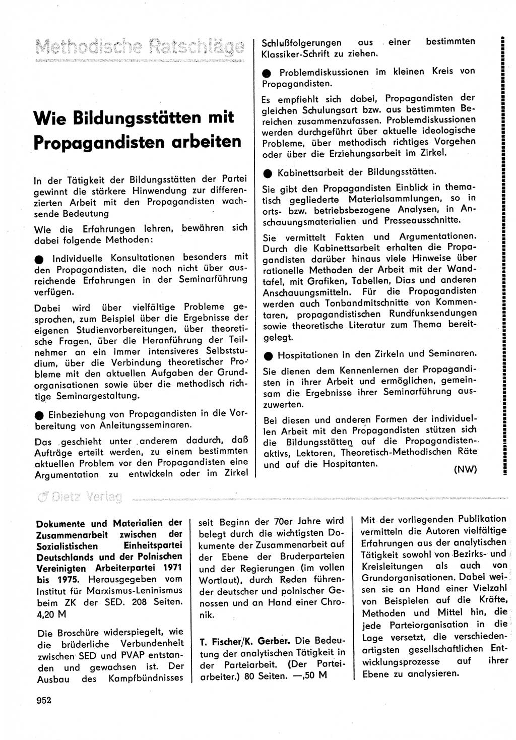 Neuer Weg (NW), Organ des Zentralkomitees (ZK) der SED (Sozialistische Einheitspartei Deutschlands) für Fragen des Parteilebens, 30. Jahrgang [Deutsche Demokratische Republik (DDR)] 1975, Seite 952 (NW ZK SED DDR 1975, S. 952)