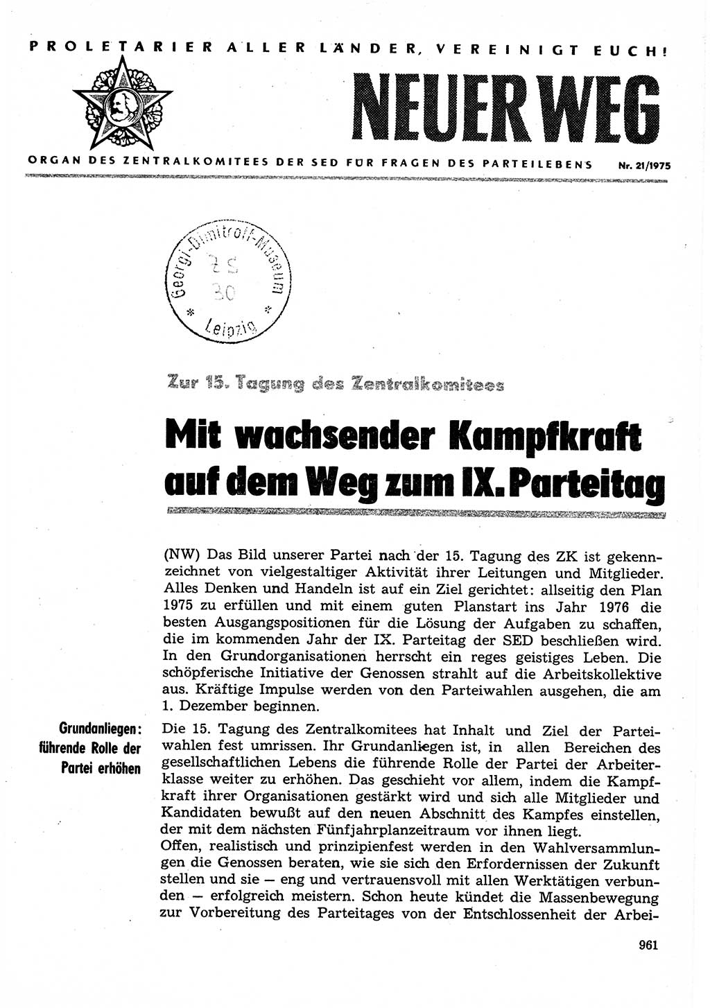 Neuer Weg (NW), Organ des Zentralkomitees (ZK) der SED (Sozialistische Einheitspartei Deutschlands) für Fragen des Parteilebens, 30. Jahrgang [Deutsche Demokratische Republik (DDR)] 1975, Seite 961 (NW ZK SED DDR 1975, S. 961)