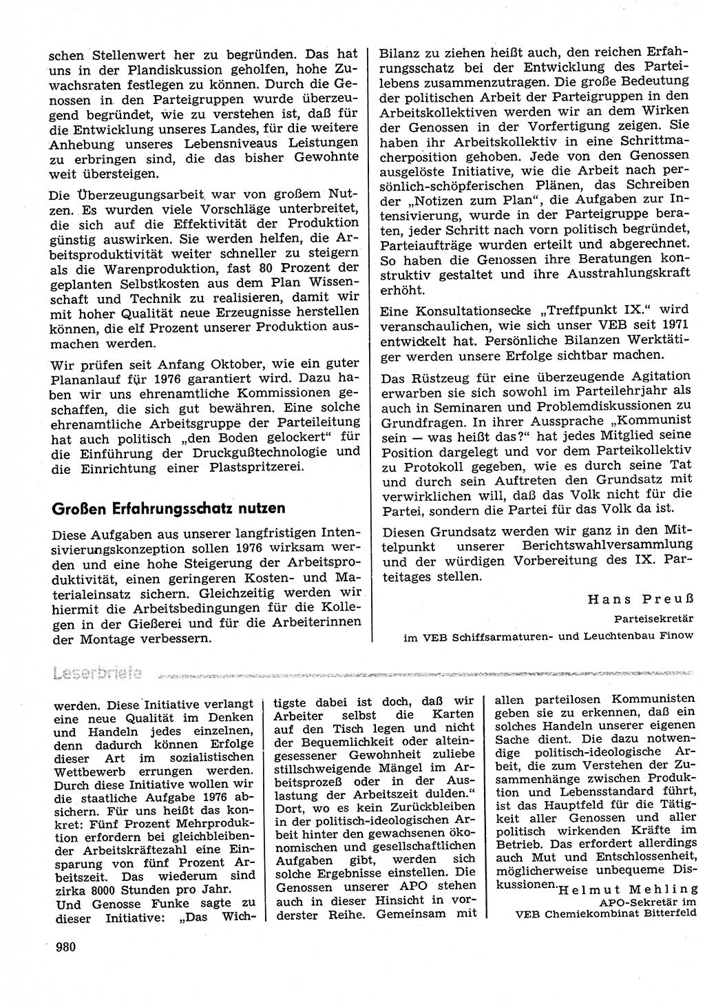 Neuer Weg (NW), Organ des Zentralkomitees (ZK) der SED (Sozialistische Einheitspartei Deutschlands) für Fragen des Parteilebens, 30. Jahrgang [Deutsche Demokratische Republik (DDR)] 1975, Seite 980 (NW ZK SED DDR 1975, S. 980)