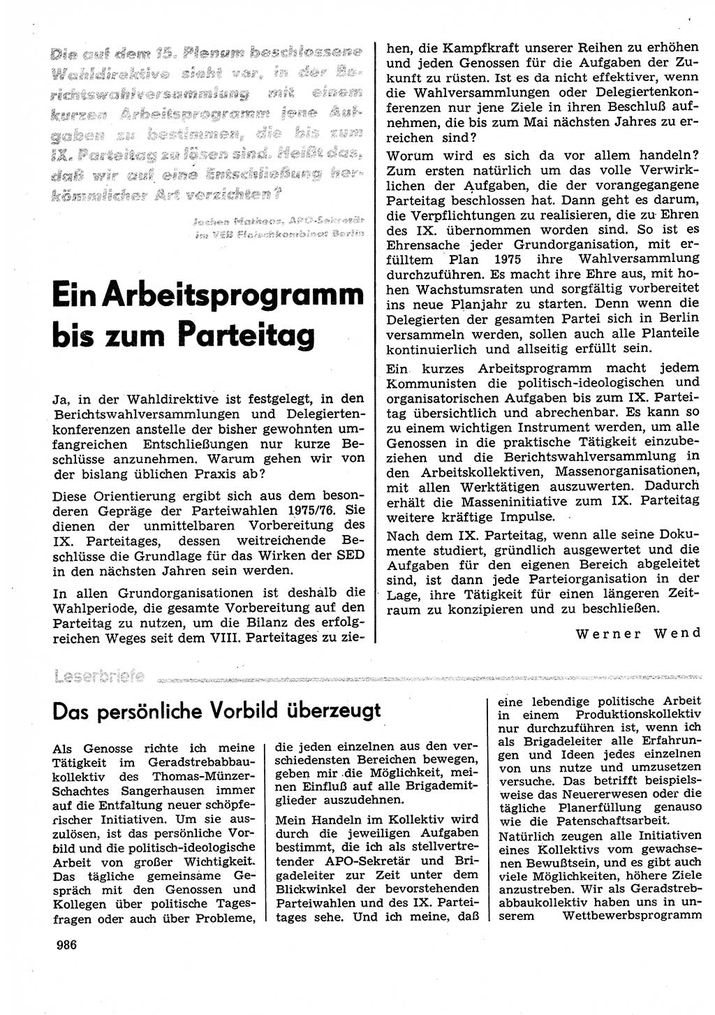 Neuer Weg (NW), Organ des Zentralkomitees (ZK) der SED (Sozialistische Einheitspartei Deutschlands) für Fragen des Parteilebens, 30. Jahrgang [Deutsche Demokratische Republik (DDR)] 1975, Seite 986 (NW ZK SED DDR 1975, S. 986)