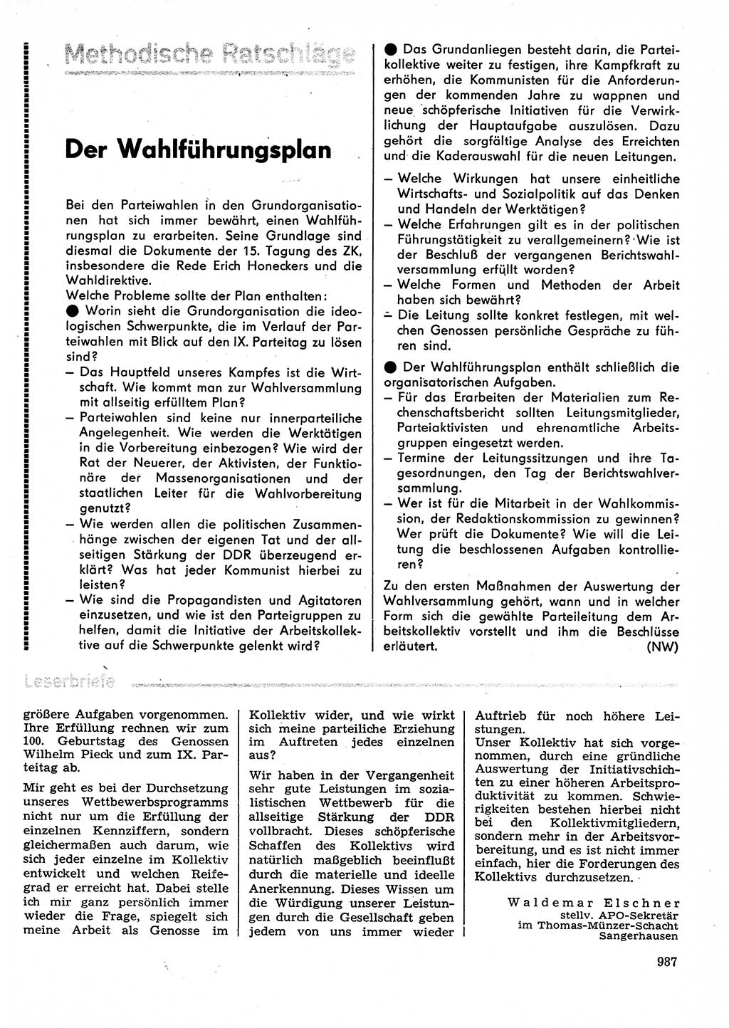 Neuer Weg (NW), Organ des Zentralkomitees (ZK) der SED (Sozialistische Einheitspartei Deutschlands) für Fragen des Parteilebens, 30. Jahrgang [Deutsche Demokratische Republik (DDR)] 1975, Seite 987 (NW ZK SED DDR 1975, S. 987)