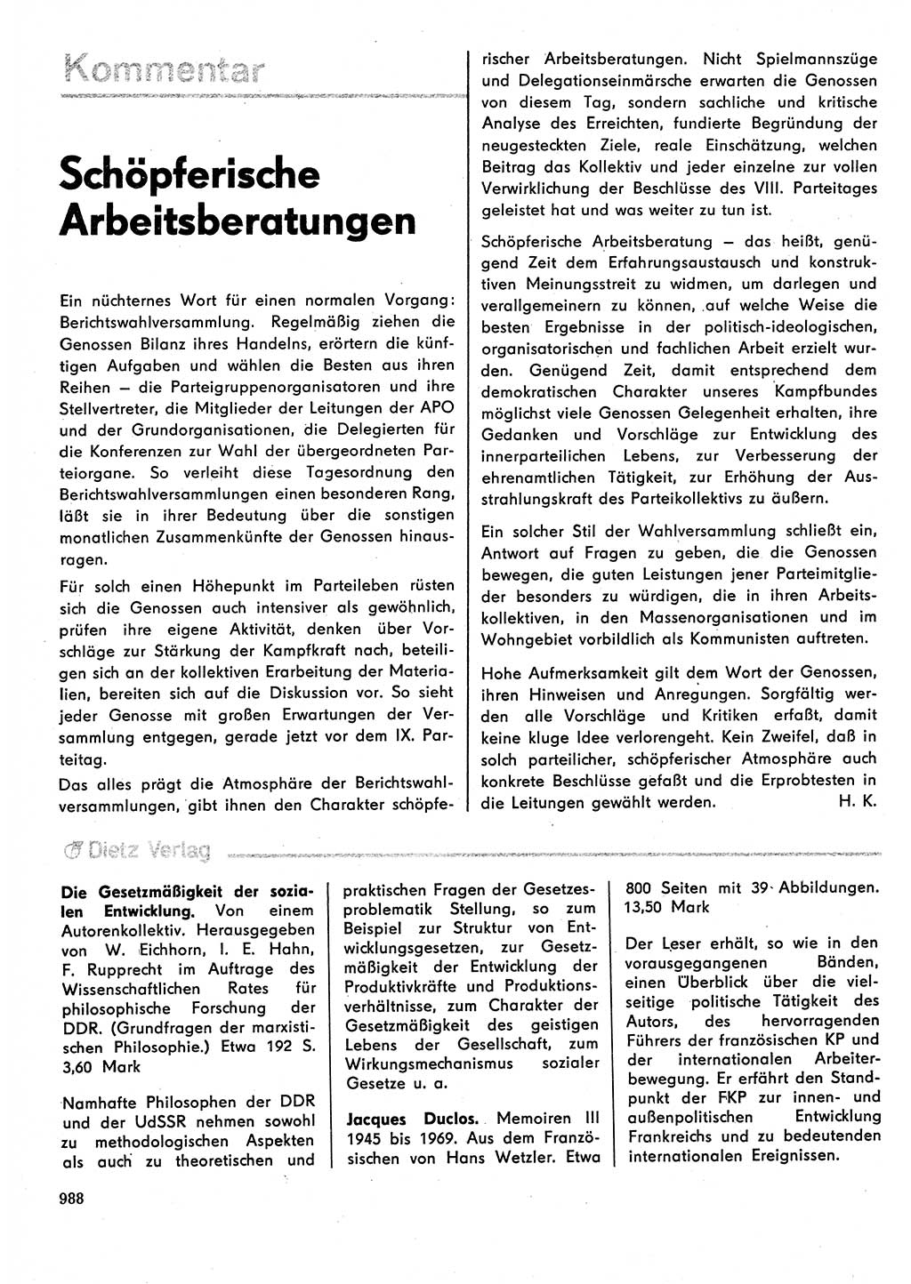 Neuer Weg (NW), Organ des Zentralkomitees (ZK) der SED (Sozialistische Einheitspartei Deutschlands) für Fragen des Parteilebens, 30. Jahrgang [Deutsche Demokratische Republik (DDR)] 1975, Seite 988 (NW ZK SED DDR 1975, S. 988)