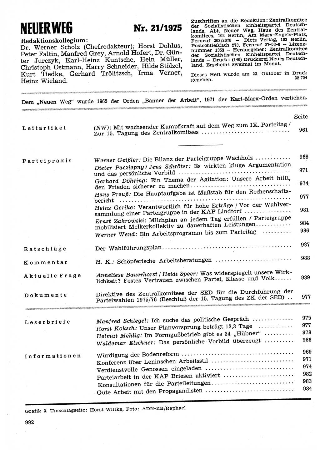 Neuer Weg (NW), Organ des Zentralkomitees (ZK) der SED (Sozialistische Einheitspartei Deutschlands) für Fragen des Parteilebens, 30. Jahrgang [Deutsche Demokratische Republik (DDR)] 1975, Seite 992 (NW ZK SED DDR 1975, S. 992)