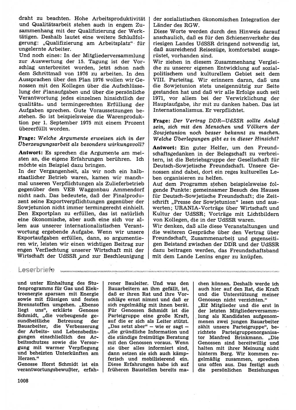 Neuer Weg (NW), Organ des Zentralkomitees (ZK) der SED (Sozialistische Einheitspartei Deutschlands) für Fragen des Parteilebens, 30. Jahrgang [Deutsche Demokratische Republik (DDR)] 1975, Seite 1008 (NW ZK SED DDR 1975, S. 1008)