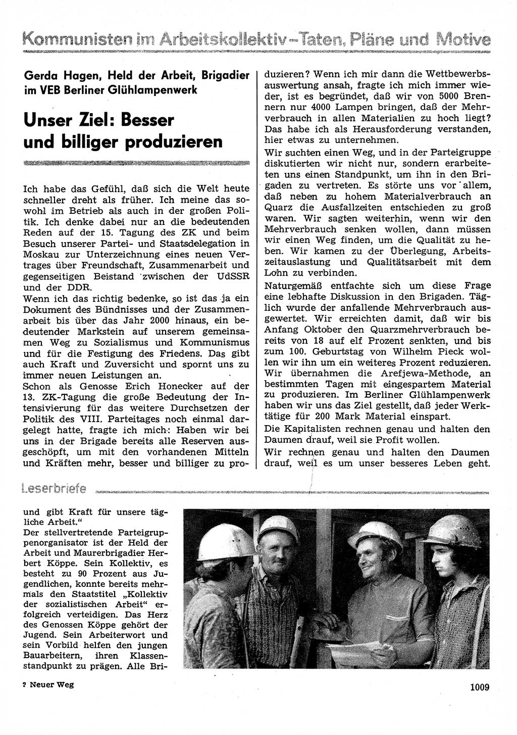 Neuer Weg (NW), Organ des Zentralkomitees (ZK) der SED (Sozialistische Einheitspartei Deutschlands) für Fragen des Parteilebens, 30. Jahrgang [Deutsche Demokratische Republik (DDR)] 1975, Seite 1009 (NW ZK SED DDR 1975, S. 1009)