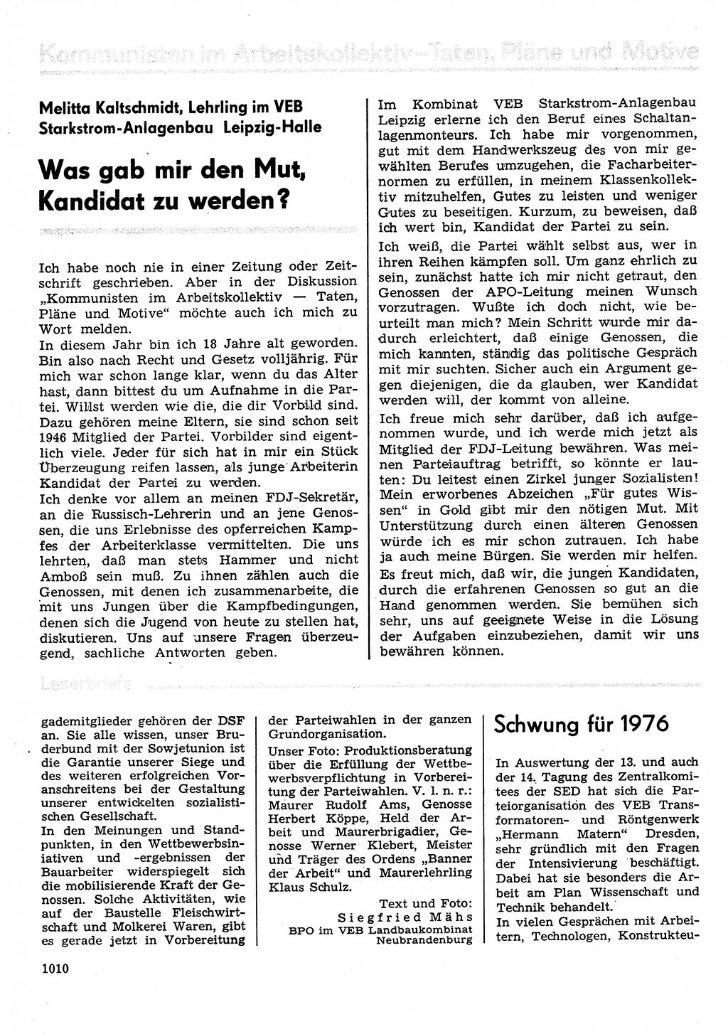 Neuer Weg (NW), Organ des Zentralkomitees (ZK) der SED (Sozialistische Einheitspartei Deutschlands) für Fragen des Parteilebens, 30. Jahrgang [Deutsche Demokratische Republik (DDR)] 1975, Seite 1010 (NW ZK SED DDR 1975, S. 1010)