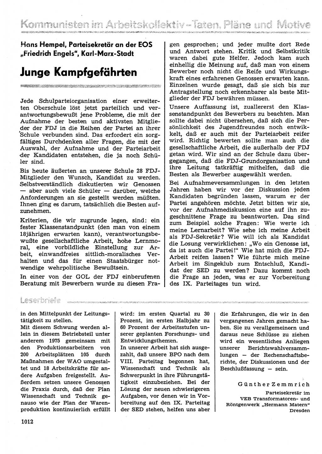 Neuer Weg (NW), Organ des Zentralkomitees (ZK) der SED (Sozialistische Einheitspartei Deutschlands) für Fragen des Parteilebens, 30. Jahrgang [Deutsche Demokratische Republik (DDR)] 1975, Seite 1012 (NW ZK SED DDR 1975, S. 1012)
