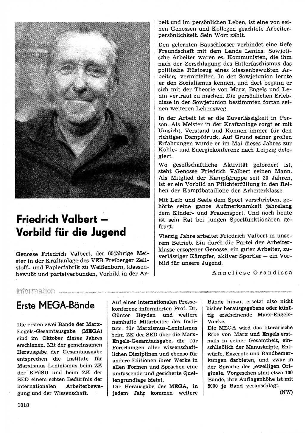 Neuer Weg (NW), Organ des Zentralkomitees (ZK) der SED (Sozialistische Einheitspartei Deutschlands) für Fragen des Parteilebens, 30. Jahrgang [Deutsche Demokratische Republik (DDR)] 1975, Seite 1018 (NW ZK SED DDR 1975, S. 1018)