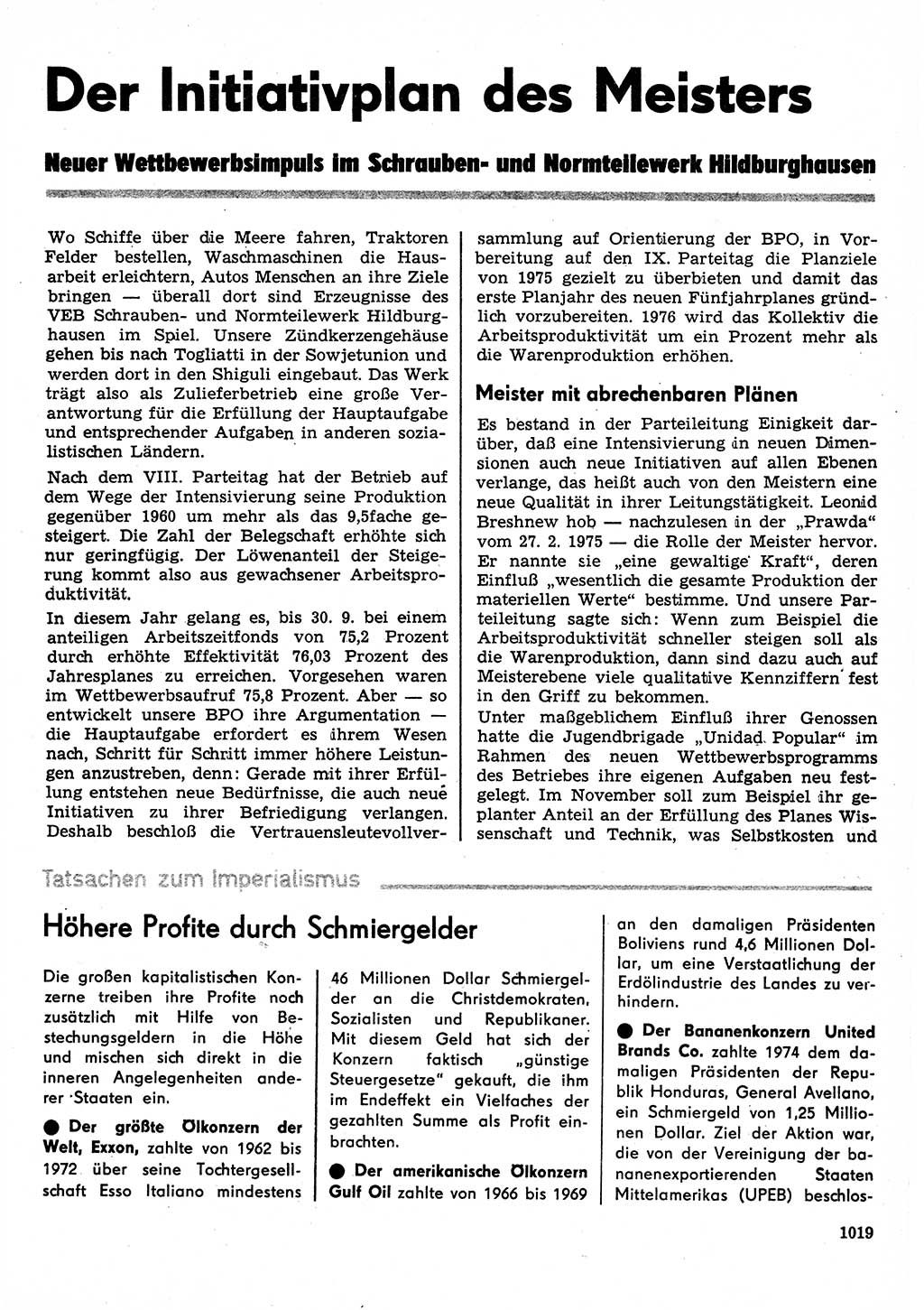 Neuer Weg (NW), Organ des Zentralkomitees (ZK) der SED (Sozialistische Einheitspartei Deutschlands) für Fragen des Parteilebens, 30. Jahrgang [Deutsche Demokratische Republik (DDR)] 1975, Seite 1019 (NW ZK SED DDR 1975, S. 1019)