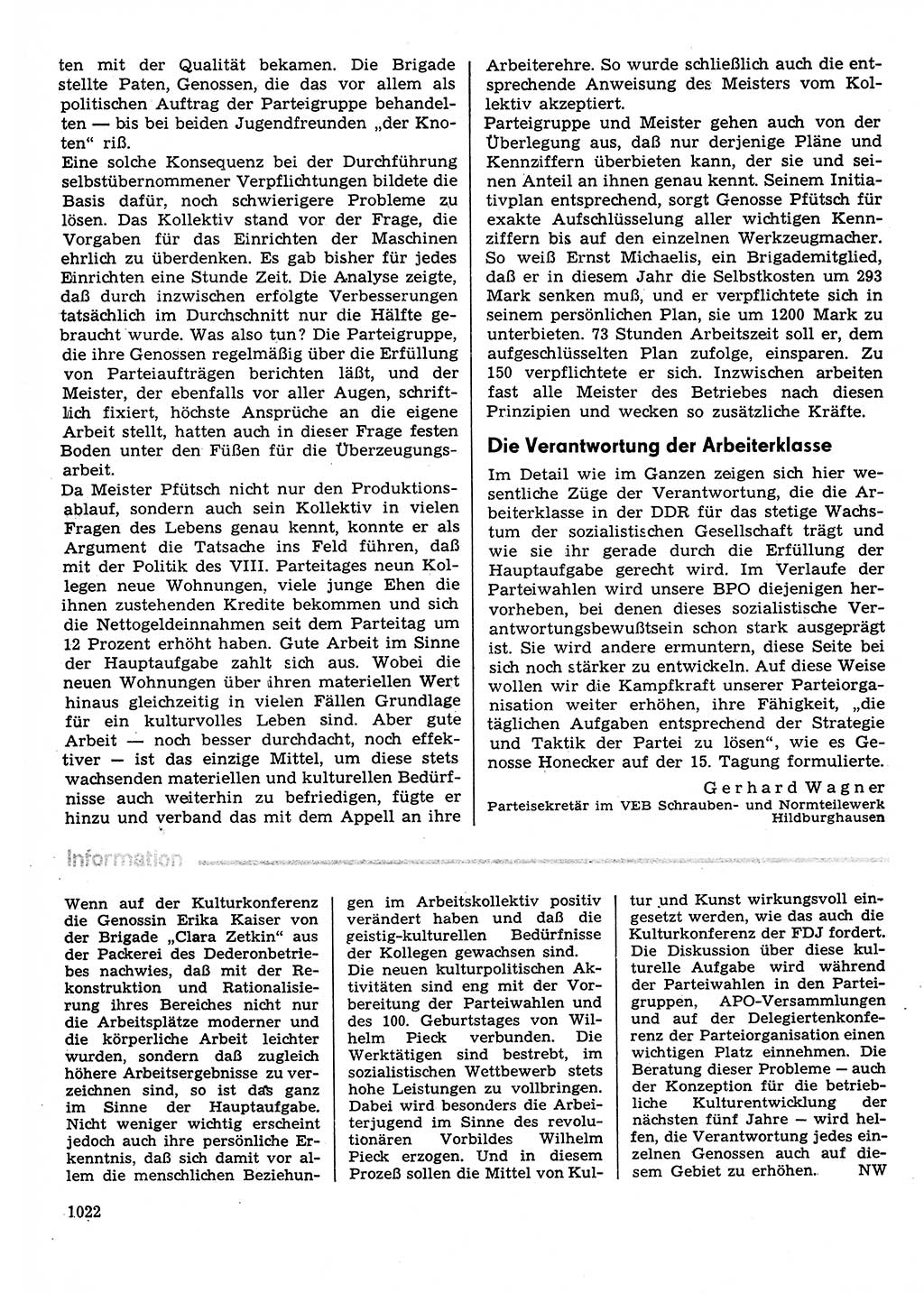 Neuer Weg (NW), Organ des Zentralkomitees (ZK) der SED (Sozialistische Einheitspartei Deutschlands) für Fragen des Parteilebens, 30. Jahrgang [Deutsche Demokratische Republik (DDR)] 1975, Seite 1022 (NW ZK SED DDR 1975, S. 1022)