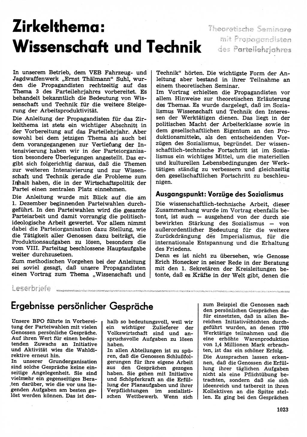 Neuer Weg (NW), Organ des Zentralkomitees (ZK) der SED (Sozialistische Einheitspartei Deutschlands) für Fragen des Parteilebens, 30. Jahrgang [Deutsche Demokratische Republik (DDR)] 1975, Seite 1023 (NW ZK SED DDR 1975, S. 1023)