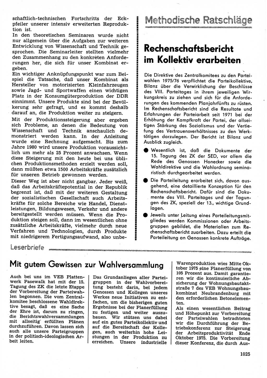 Neuer Weg (NW), Organ des Zentralkomitees (ZK) der SED (Sozialistische Einheitspartei Deutschlands) für Fragen des Parteilebens, 30. Jahrgang [Deutsche Demokratische Republik (DDR)] 1975, Seite 1025 (NW ZK SED DDR 1975, S. 1025)