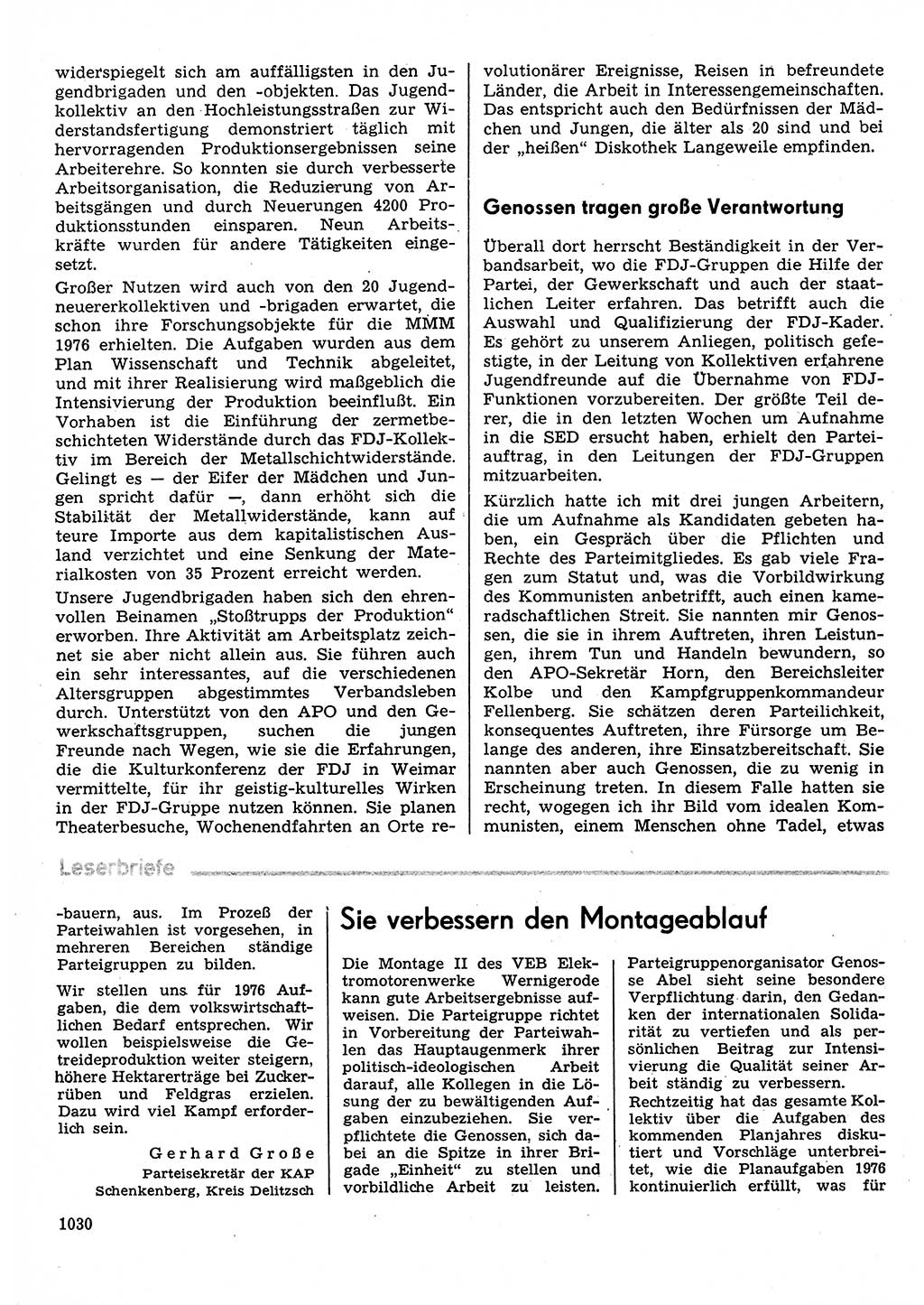 Neuer Weg (NW), Organ des Zentralkomitees (ZK) der SED (Sozialistische Einheitspartei Deutschlands) für Fragen des Parteilebens, 30. Jahrgang [Deutsche Demokratische Republik (DDR)] 1975, Seite 1030 (NW ZK SED DDR 1975, S. 1030)