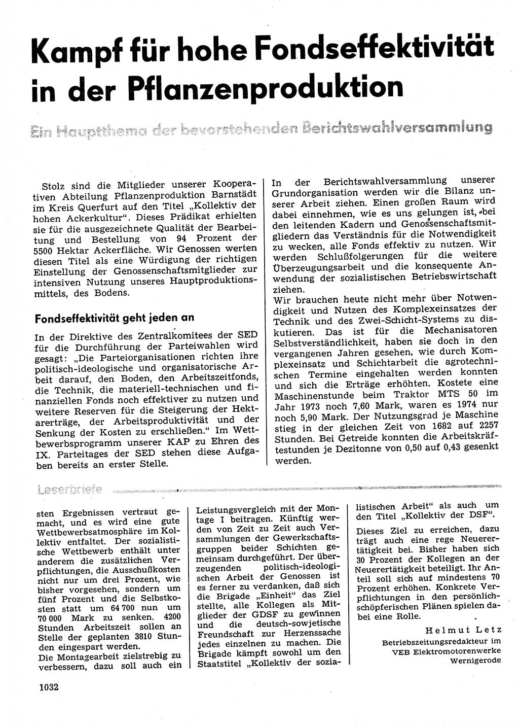 Neuer Weg (NW), Organ des Zentralkomitees (ZK) der SED (Sozialistische Einheitspartei Deutschlands) für Fragen des Parteilebens, 30. Jahrgang [Deutsche Demokratische Republik (DDR)] 1975, Seite 1032 (NW ZK SED DDR 1975, S. 1032)