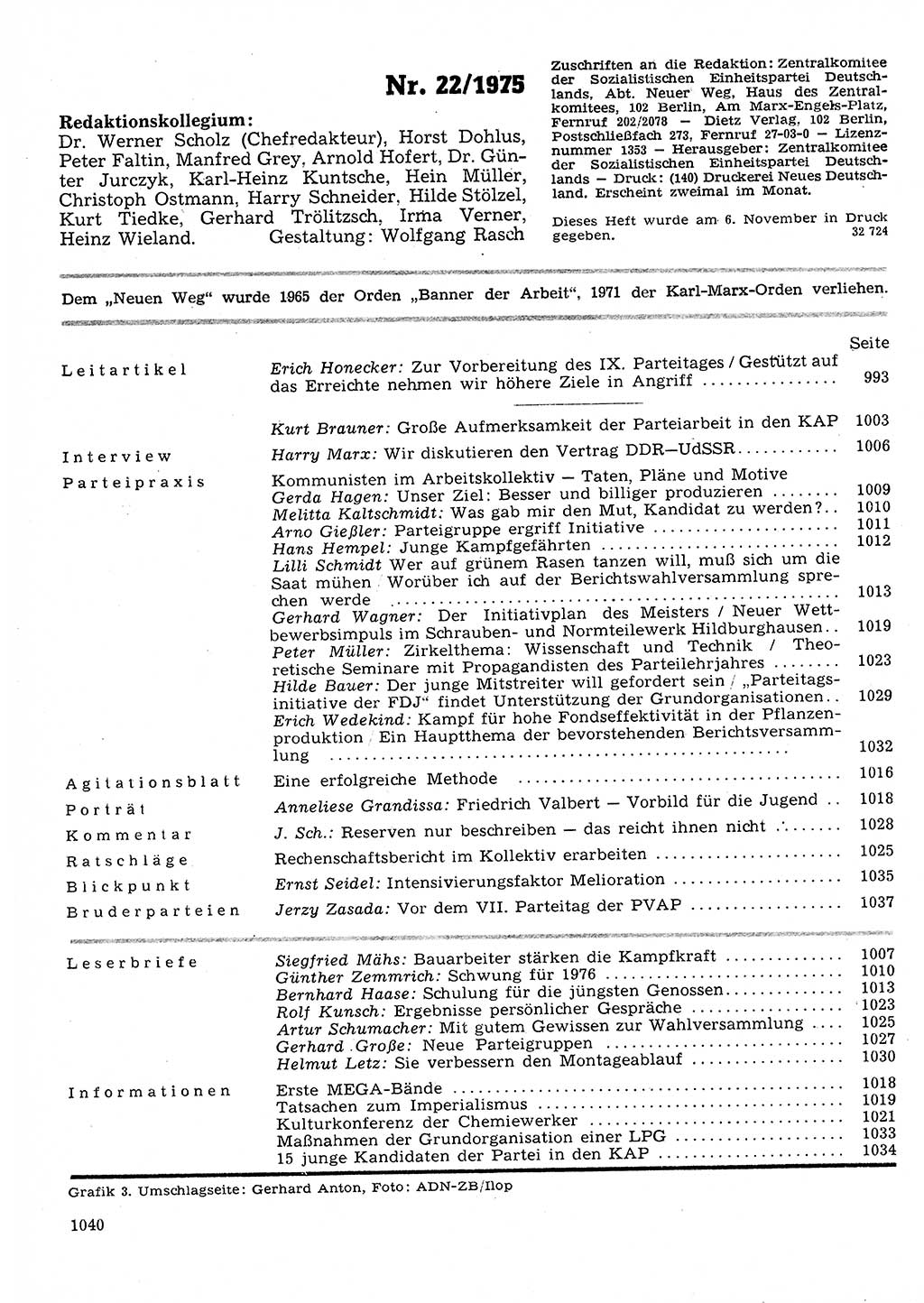 Neuer Weg (NW), Organ des Zentralkomitees (ZK) der SED (Sozialistische Einheitspartei Deutschlands) für Fragen des Parteilebens, 30. Jahrgang [Deutsche Demokratische Republik (DDR)] 1975, Seite 1040 (NW ZK SED DDR 1975, S. 1040)