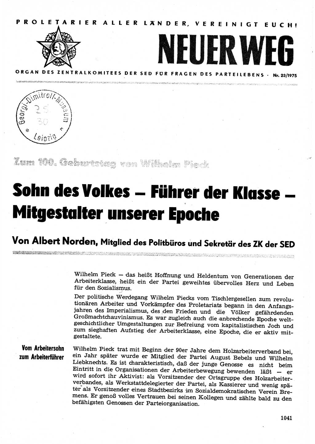 Neuer Weg (NW), Organ des Zentralkomitees (ZK) der SED (Sozialistische Einheitspartei Deutschlands) für Fragen des Parteilebens, 30. Jahrgang [Deutsche Demokratische Republik (DDR)] 1975, Seite 1041 (NW ZK SED DDR 1975, S. 1041)