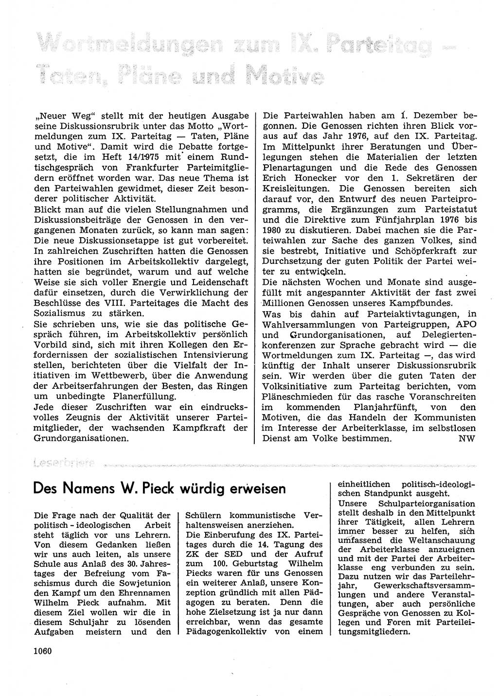 Neuer Weg (NW), Organ des Zentralkomitees (ZK) der SED (Sozialistische Einheitspartei Deutschlands) für Fragen des Parteilebens, 30. Jahrgang [Deutsche Demokratische Republik (DDR)] 1975, Seite 1060 (NW ZK SED DDR 1975, S. 1060)