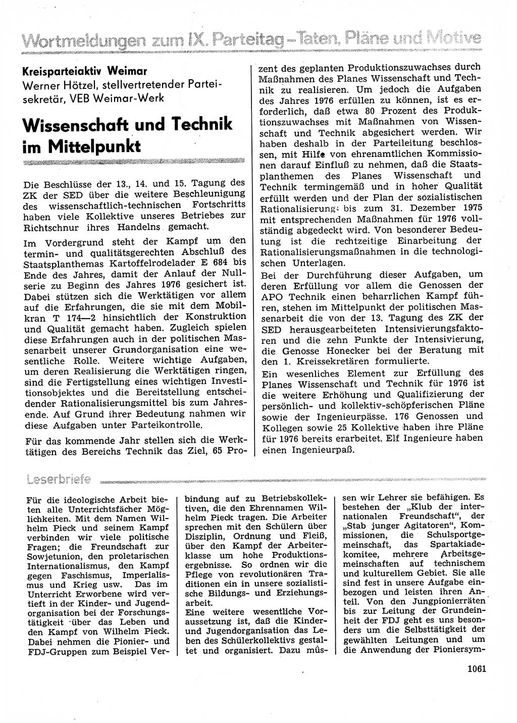 Neuer Weg (NW), Organ des Zentralkomitees (ZK) der SED (Sozialistische Einheitspartei Deutschlands) für Fragen des Parteilebens, 30. Jahrgang [Deutsche Demokratische Republik (DDR)] 1975, Seite 1061 (NW ZK SED DDR 1975, S. 1061)