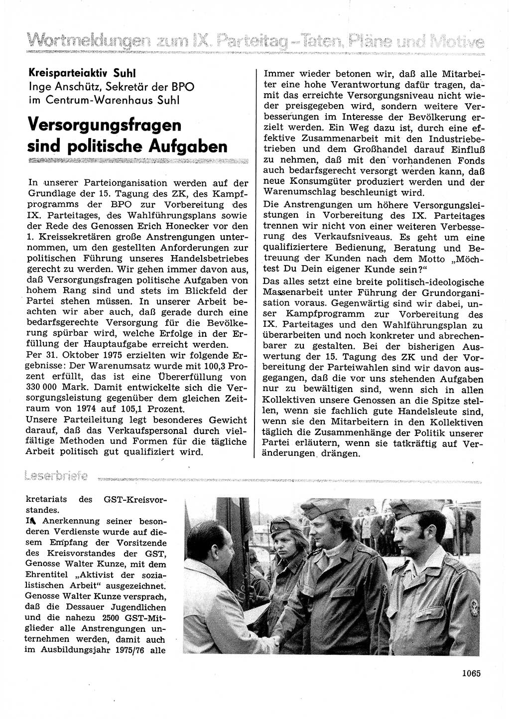 Neuer Weg (NW), Organ des Zentralkomitees (ZK) der SED (Sozialistische Einheitspartei Deutschlands) für Fragen des Parteilebens, 30. Jahrgang [Deutsche Demokratische Republik (DDR)] 1975, Seite 1065 (NW ZK SED DDR 1975, S. 1065)