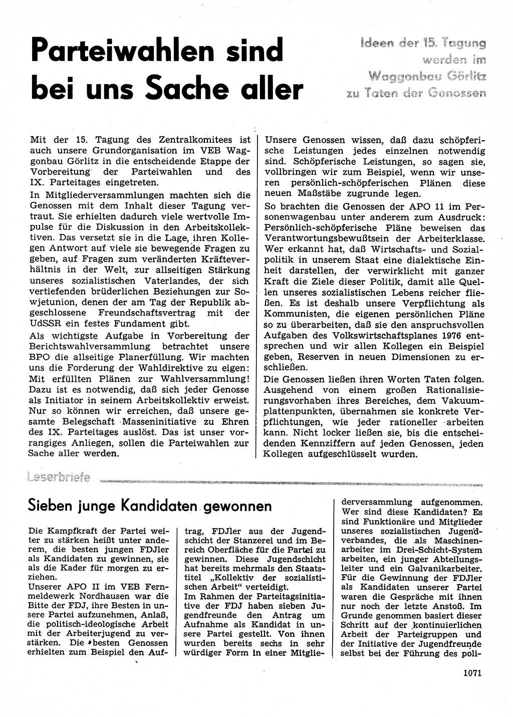 Neuer Weg (NW), Organ des Zentralkomitees (ZK) der SED (Sozialistische Einheitspartei Deutschlands) für Fragen des Parteilebens, 30. Jahrgang [Deutsche Demokratische Republik (DDR)] 1975, Seite 1071 (NW ZK SED DDR 1975, S. 1071)