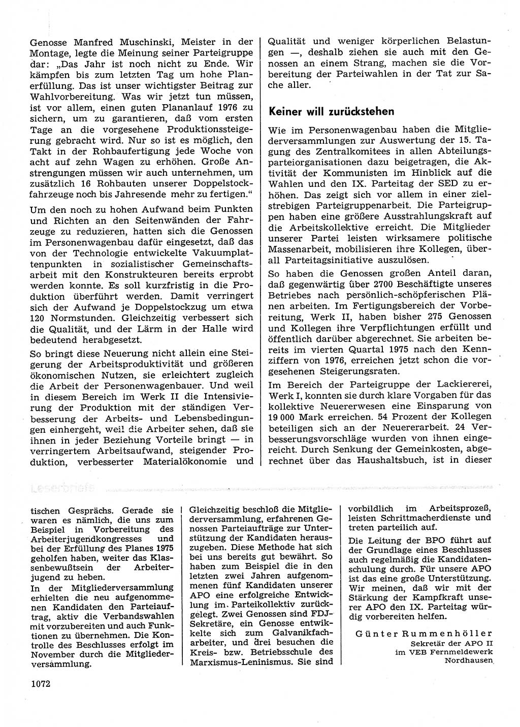 Neuer Weg (NW), Organ des Zentralkomitees (ZK) der SED (Sozialistische Einheitspartei Deutschlands) für Fragen des Parteilebens, 30. Jahrgang [Deutsche Demokratische Republik (DDR)] 1975, Seite 1072 (NW ZK SED DDR 1975, S. 1072)