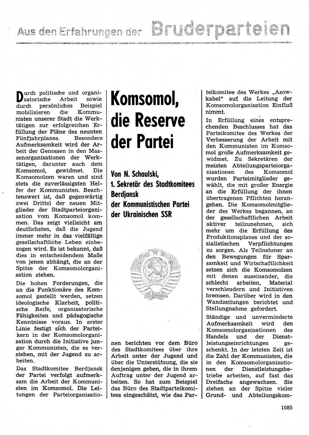 Neuer Weg (NW), Organ des Zentralkomitees (ZK) der SED (Sozialistische Einheitspartei Deutschlands) für Fragen des Parteilebens, 30. Jahrgang [Deutsche Demokratische Republik (DDR)] 1975, Seite 1085 (NW ZK SED DDR 1975, S. 1085)