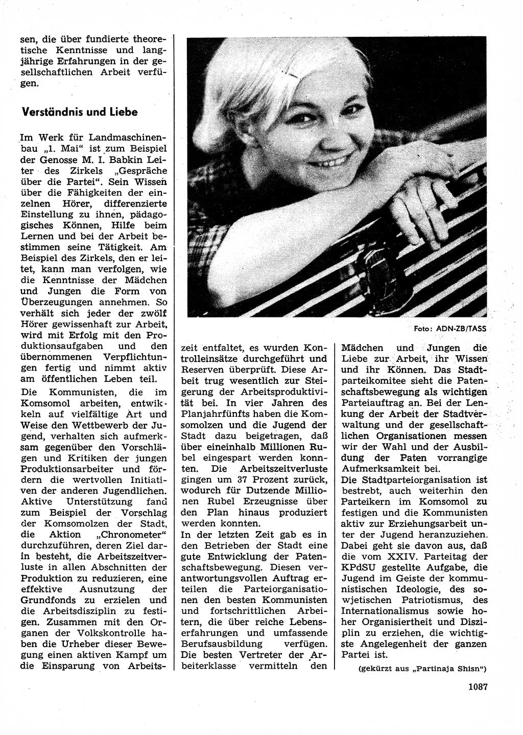 Neuer Weg (NW), Organ des Zentralkomitees (ZK) der SED (Sozialistische Einheitspartei Deutschlands) für Fragen des Parteilebens, 30. Jahrgang [Deutsche Demokratische Republik (DDR)] 1975, Seite 1087 (NW ZK SED DDR 1975, S. 1087)