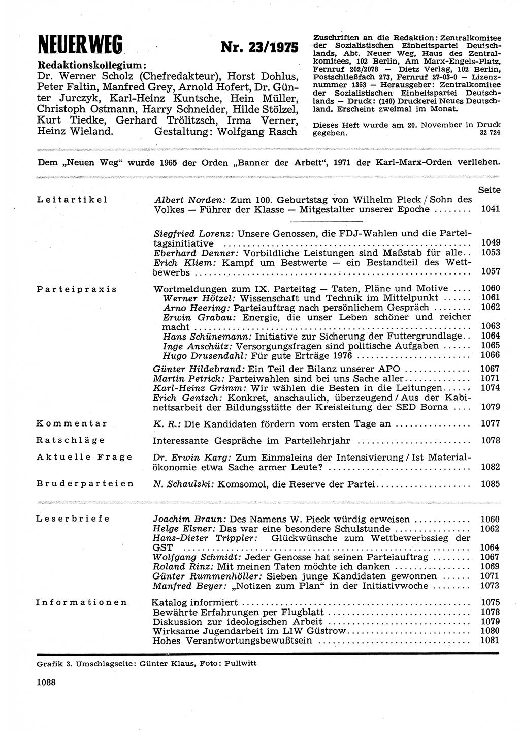 Neuer Weg (NW), Organ des Zentralkomitees (ZK) der SED (Sozialistische Einheitspartei Deutschlands) für Fragen des Parteilebens, 30. Jahrgang [Deutsche Demokratische Republik (DDR)] 1975, Seite 1088 (NW ZK SED DDR 1975, S. 1088)
