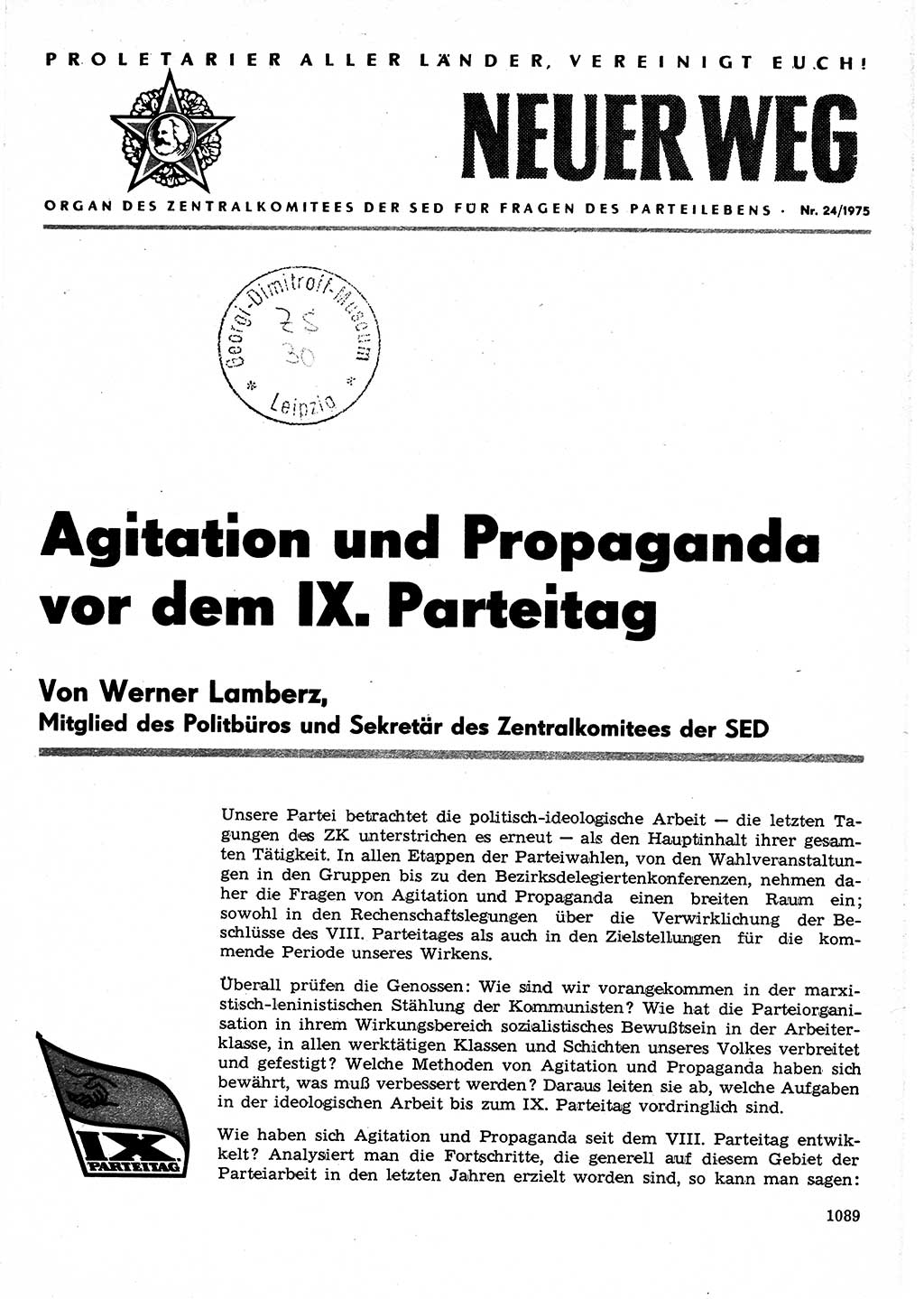 Neuer Weg (NW), Organ des Zentralkomitees (ZK) der SED (Sozialistische Einheitspartei Deutschlands) für Fragen des Parteilebens, 30. Jahrgang [Deutsche Demokratische Republik (DDR)] 1975, Seite 1089 (NW ZK SED DDR 1975, S. 1089)