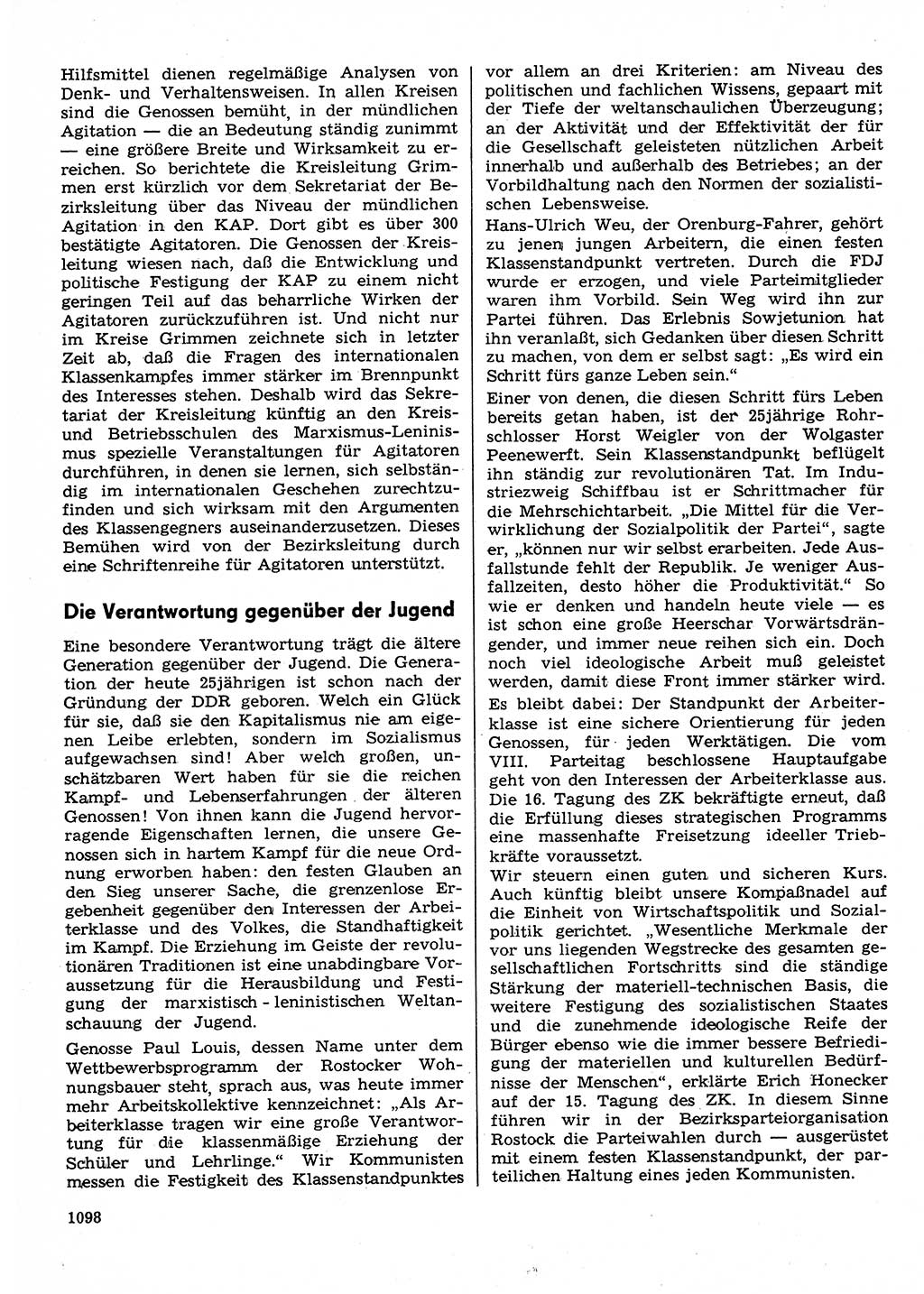 Neuer Weg (NW), Organ des Zentralkomitees (ZK) der SED (Sozialistische Einheitspartei Deutschlands) für Fragen des Parteilebens, 30. Jahrgang [Deutsche Demokratische Republik (DDR)] 1975, Seite 1098 (NW ZK SED DDR 1975, S. 1098)