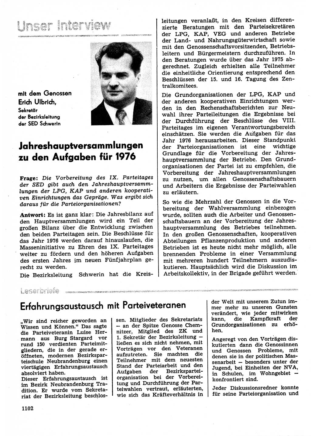 Neuer Weg (NW), Organ des Zentralkomitees (ZK) der SED (Sozialistische Einheitspartei Deutschlands) für Fragen des Parteilebens, 30. Jahrgang [Deutsche Demokratische Republik (DDR)] 1975, Seite 1102 (NW ZK SED DDR 1975, S. 1102)