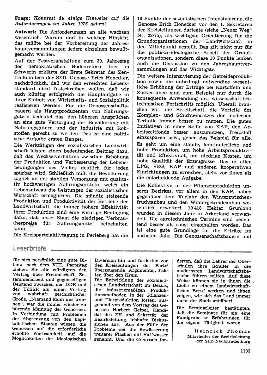 Neuer Weg (NW), Organ des Zentralkomitees (ZK) der SED (Sozialistische Einheitspartei Deutschlands) für Fragen des Parteilebens, 30. Jahrgang [Deutsche Demokratische Republik (DDR)] 1975, Seite 1103 (NW ZK SED DDR 1975, S. 1103)